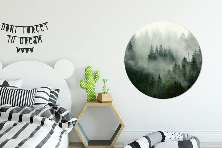 MuchoWow Wandbild Rund Wanddeko Deko Wohnzimmer Bilder 90x90 cm Wald - Nebel - Bäume - Natur, 90x90