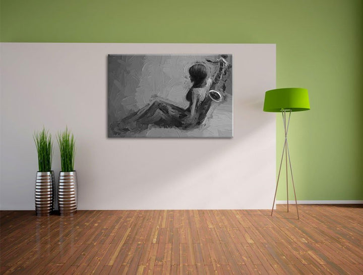 Pixxprint Attraktive Frau mit Saxophone als Leinwandbild/Grösse: 100x70 cm/Wandbild/Kunstdruck/ferti