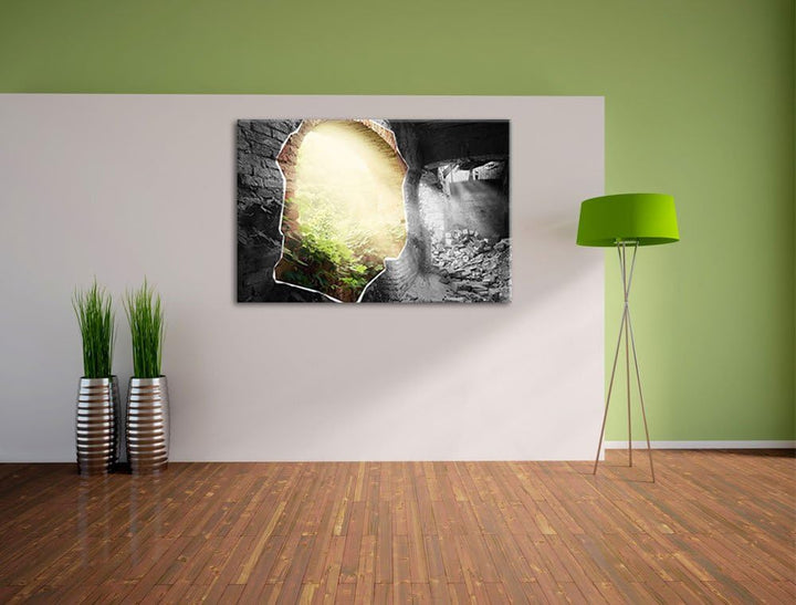 erleuchtete Ruine schwarz/weiss Format: 100x70 auf Leinwand, XXL riesige Bilder fertig gerahmt mit K