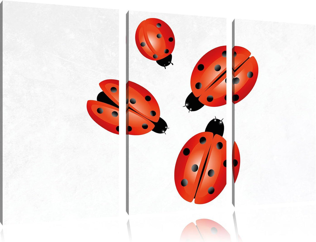 Pixxprint Süsse Marienkäfer weiss 3-Teiler Leinwandbild 120x80 Bild auf Leinwand, riesige Bilder fer
