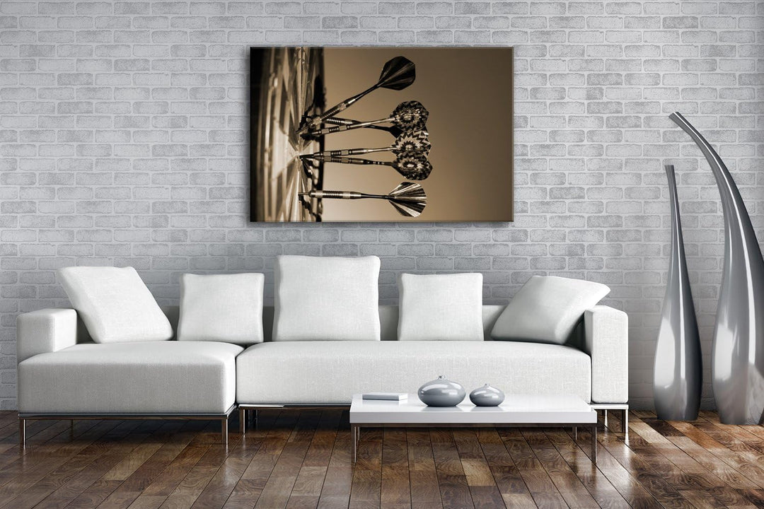 deyoli Darts auf einer Dartscheibe Format: 80x60 Effekt: Sepia als Leinwandbild, Motiv fertig gerahm