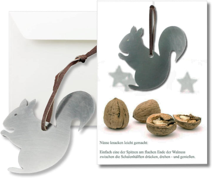 2x Grusskarten mit echtem Edelstahl-Nussknacker Form Eichhörnchen und Lederband inklusive Umschlägen