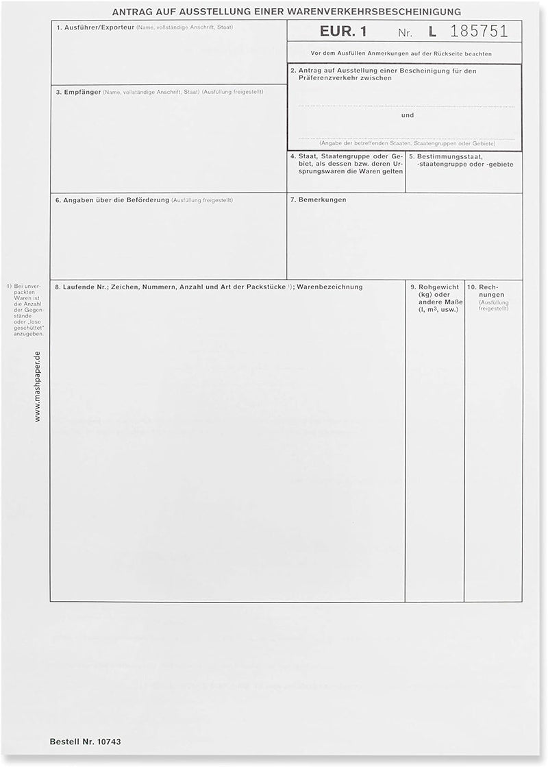 EUR1 EUR.1 Warenverkehrsbescheinigung Formular für Laserdrucker (50 Stck), 50 Stck