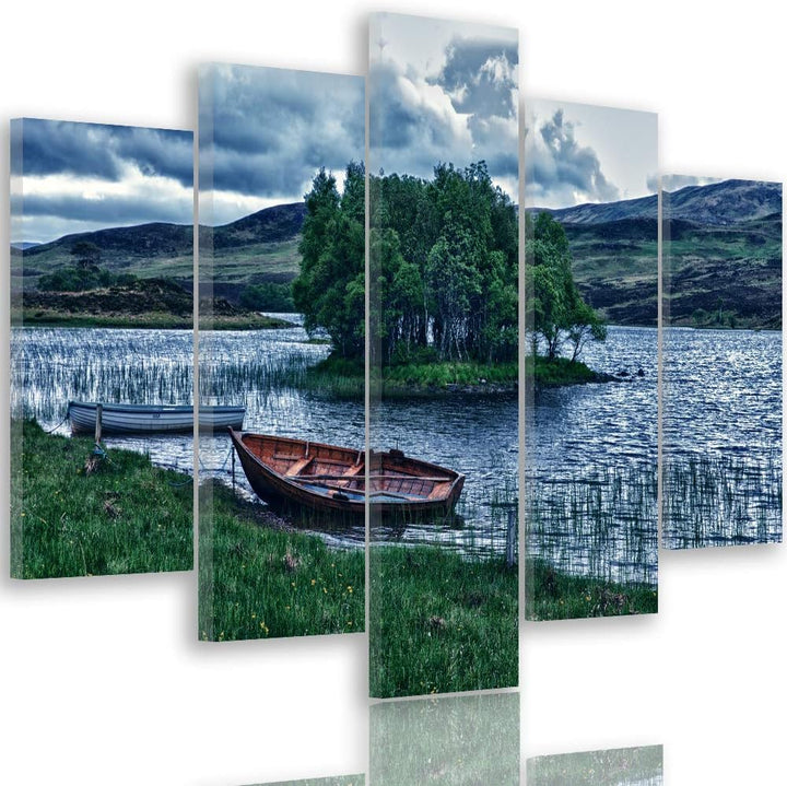 Bilder Fluss 100x70 cm - Leinwandbild - 5 Teilig - Kunstdruck Boot Baum blau Leinwandbild 100x70 cm