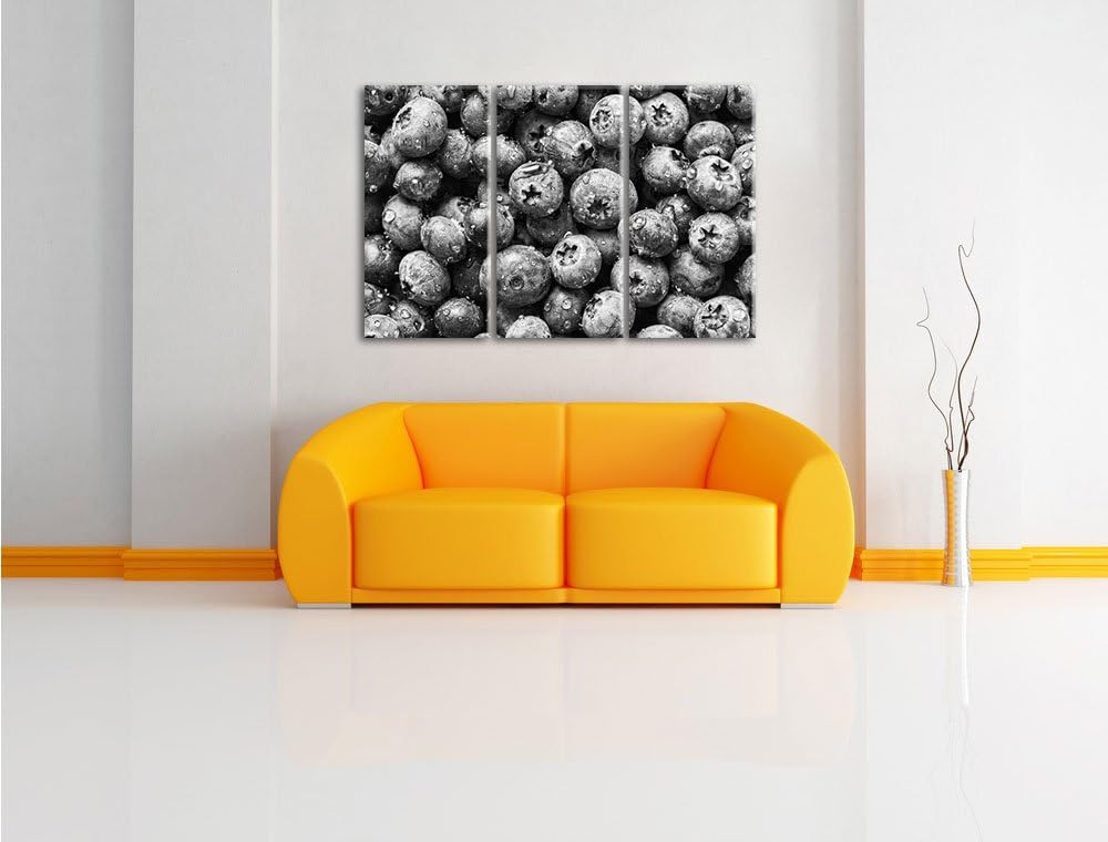 Pixxprint Blaubeeren mit Wassertropfen Kunst B&W 3-Teiler Leinwandbild 120x80 Bild auf Leinwand