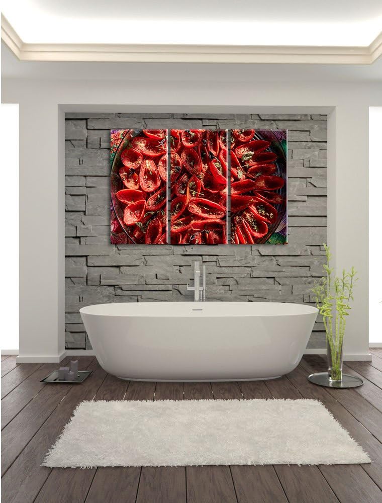 Pixxprint Tomaten Olivenöl Kräuter / 3-Teilig/Gesamtmass 120cm Leinwandbild bespannt auf Holzrahmen/