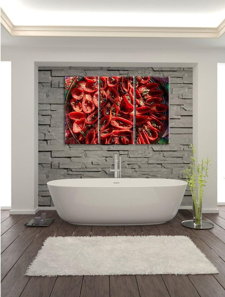 Pixxprint Tomaten Olivenöl Kräuter / 3-Teilig/Gesamtmass 120cm Leinwandbild bespannt auf Holzrahmen/