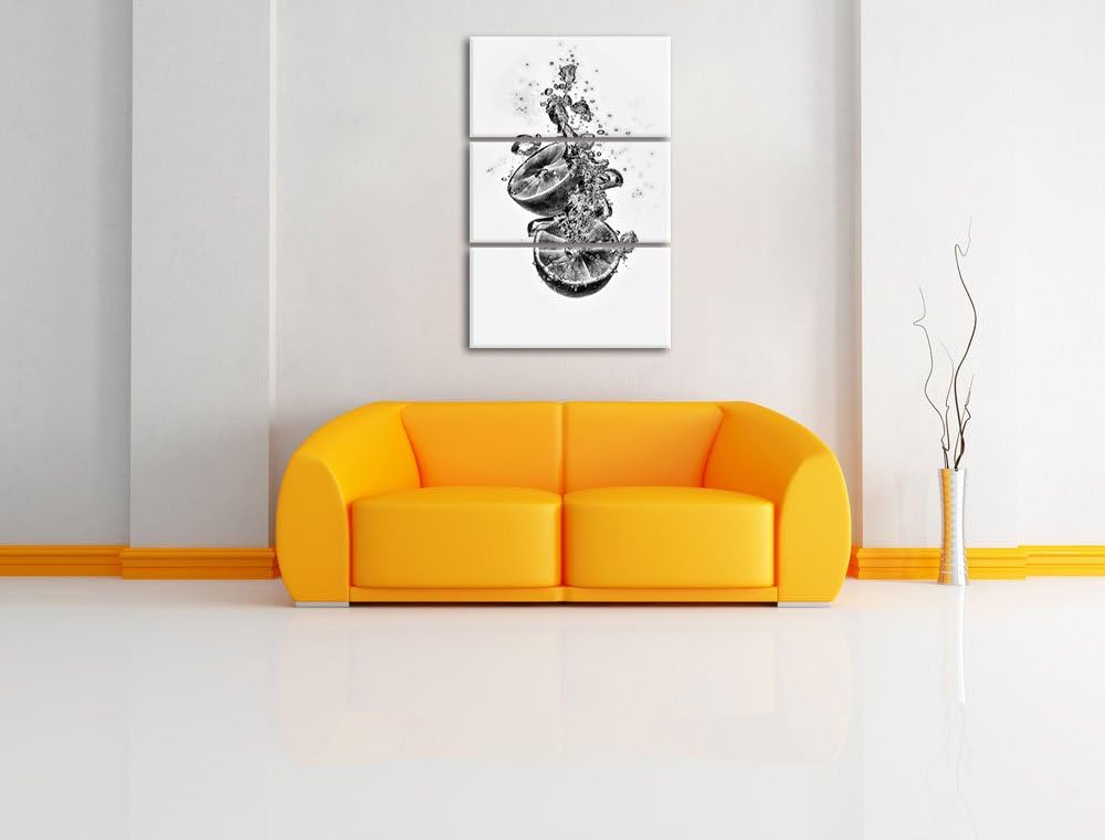Pixxprint Limette fällt in das Wasser als Leinwandbild/Grösse: 3 Teilig (120x80) cm/Wandbild/Kunstdr