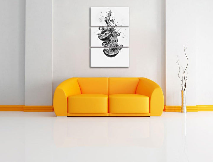 Pixxprint Limette fällt in das Wasser als Leinwandbild/Grösse: 3 Teilig (120x80) cm/Wandbild/Kunstdr
