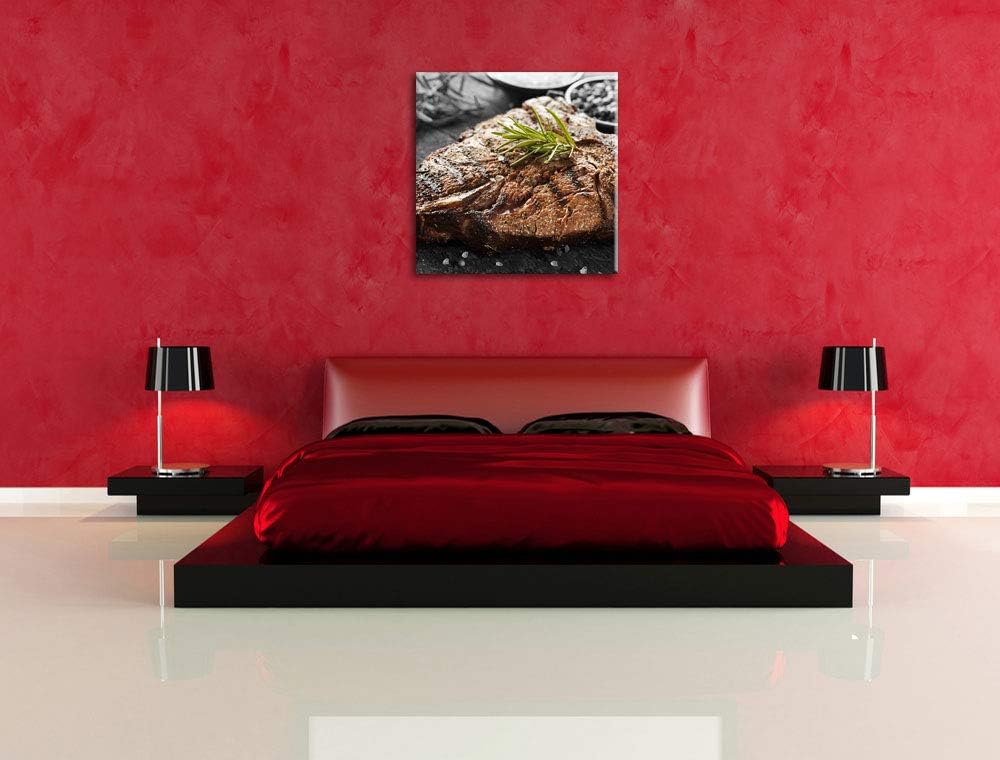 Pixxprint Gebratenes Steak mit Rosmarin als Leinwandbild/Grösse: 70x70 cm/Wandbild/Kunstdruck/fertig
