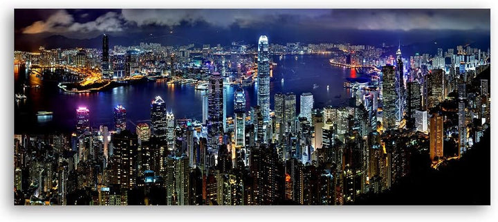 Feeby Vlies Leinwandbild Stadtbild Hongkong Skyline 150x50 cm Wanddeko Design Kunstdruck Zimmerdeko