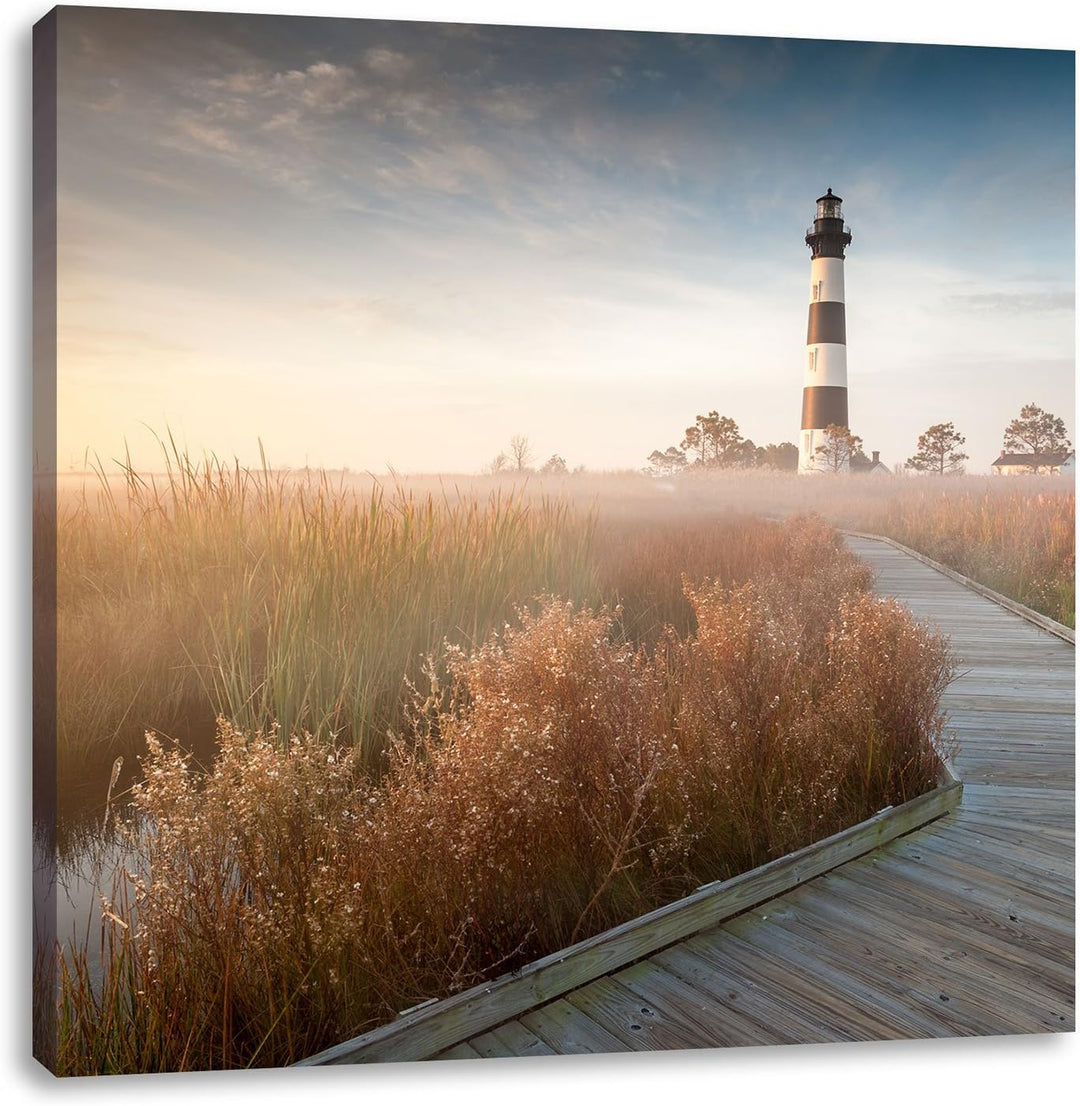 Leuchtturm im Nebel, Format: 70x70 auf Leinwand, XXL riesige Bilder fertig gerahmt mit Keilrahmen, K