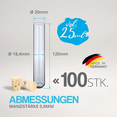 Tuuters 100 Glas Reagenzgläser mit Korken Verschluss Naturkorken, kleine Gewürzgläser (120 x Ø 20mm)