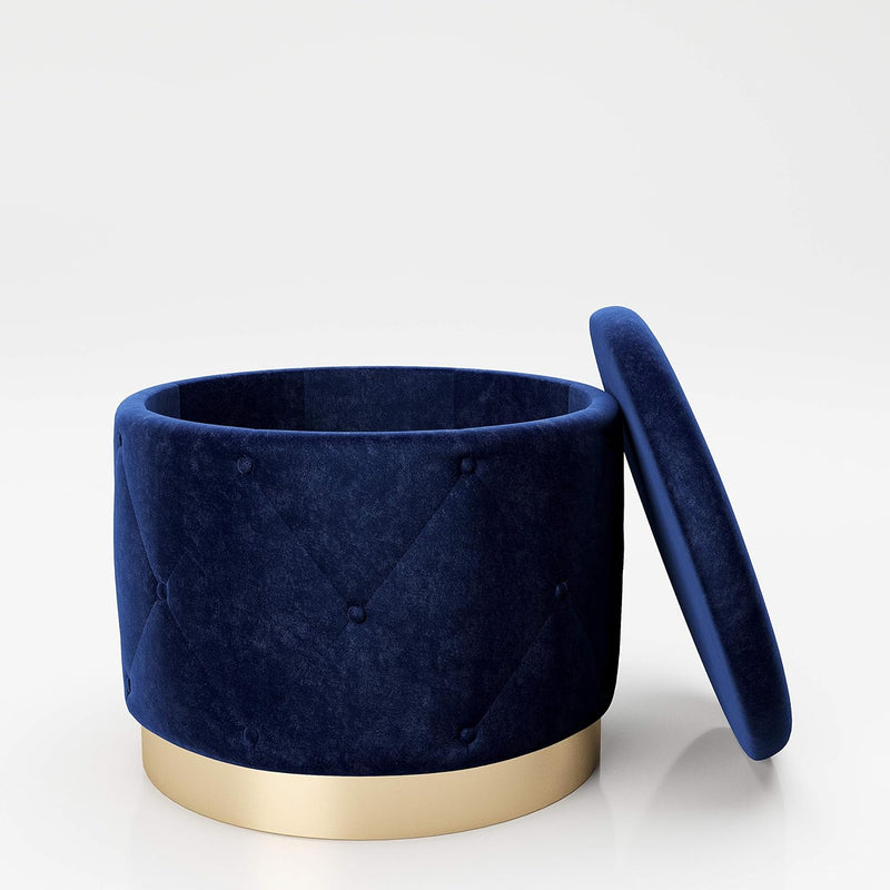 PLAYBOY Pouf mit Stauraum, goldenem Metallfuss, Samtbezug mit Chesterfield-Optik in Blau, Sitzbox mi