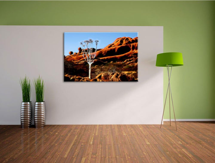 Wüstenbaum vor Felsen abstrakt Format: 100x70 auf Leinwand, XXL riesige Bilder fertig gerahmt mit Ke