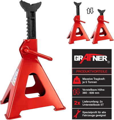 Grafner 2 Stück Unterstellböcke, 5 Tonnen Traglast, Hubhöhe 380 – 609 mm, höhenverstellbar, Ratschen