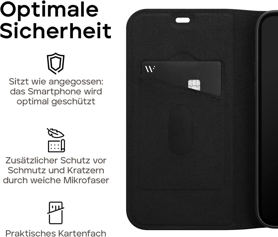 WIIUKA Hülle für iPhone 15 Plus, Leder aus Deutschland, mit Kartenfach, extra Dünn, Handyhülle mit S