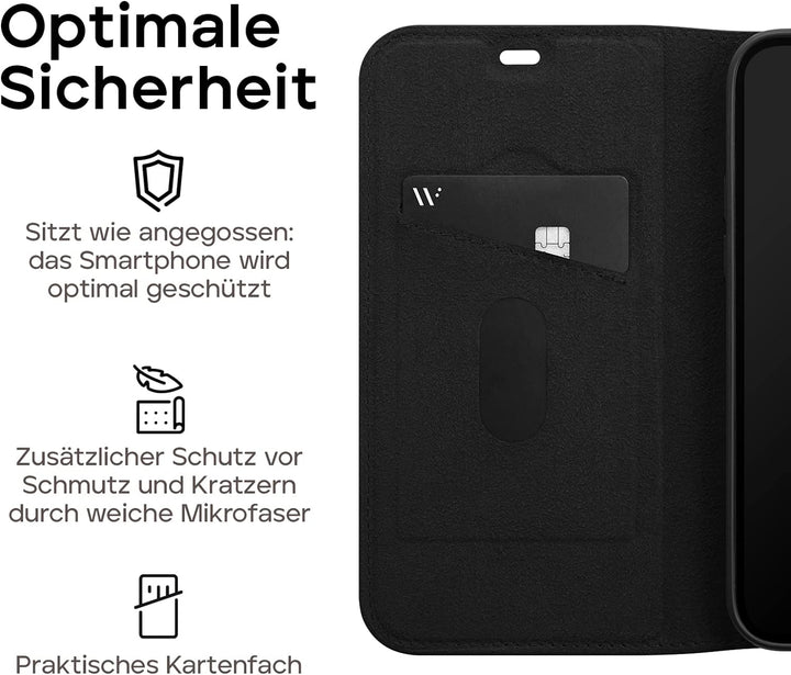 WIIUKA Hülle für iPhone 15, Leder aus Deutschland, mit Kartenfach, extra Dünn, Handyhülle mit Standf