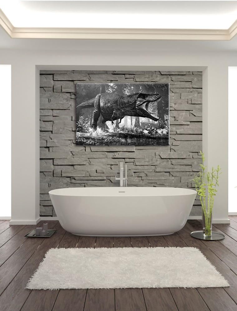 Pixxprint T-Rex Dinosaurier im Wald Kunst B&W, Format: 100x70 auf Leinwand, 100x70