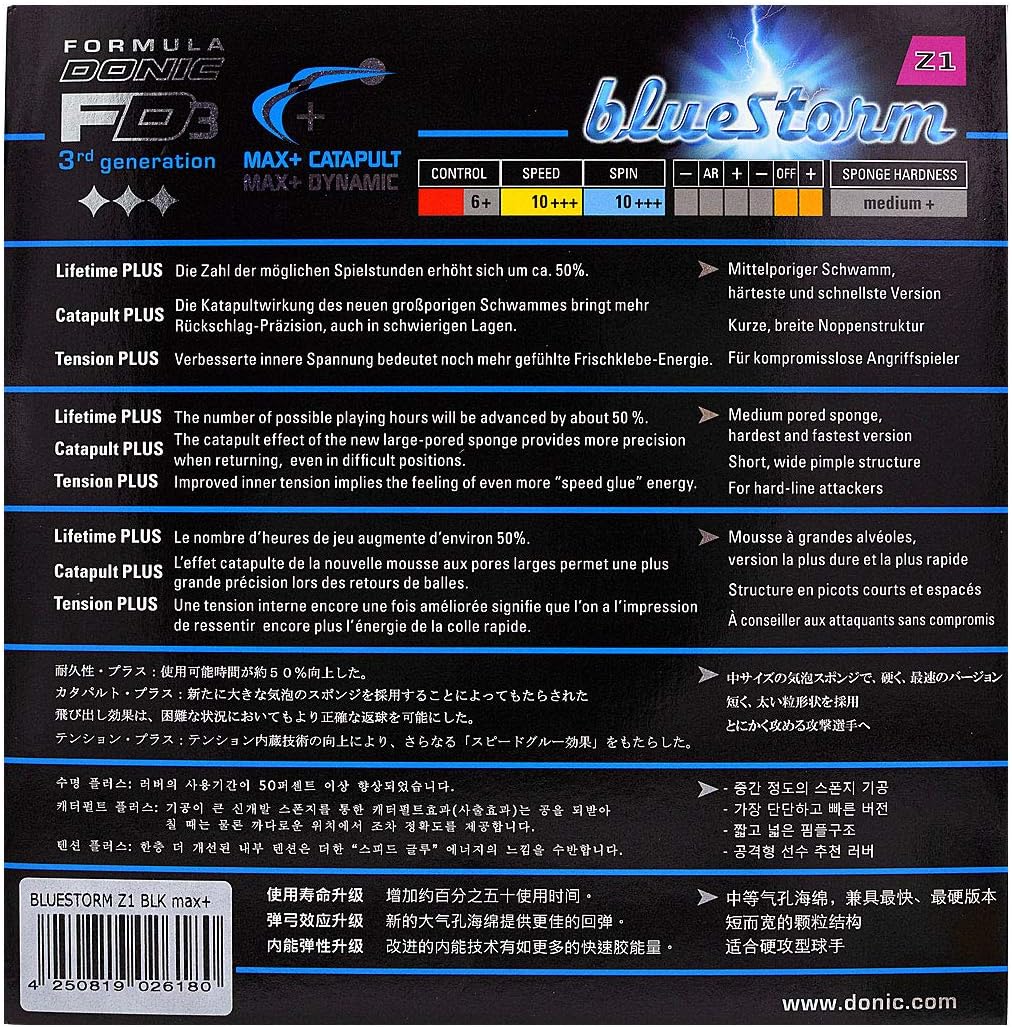 DONIC Bluestorm Z1 Tischtennisgummi Schwarz Max+, Schwarz Max+