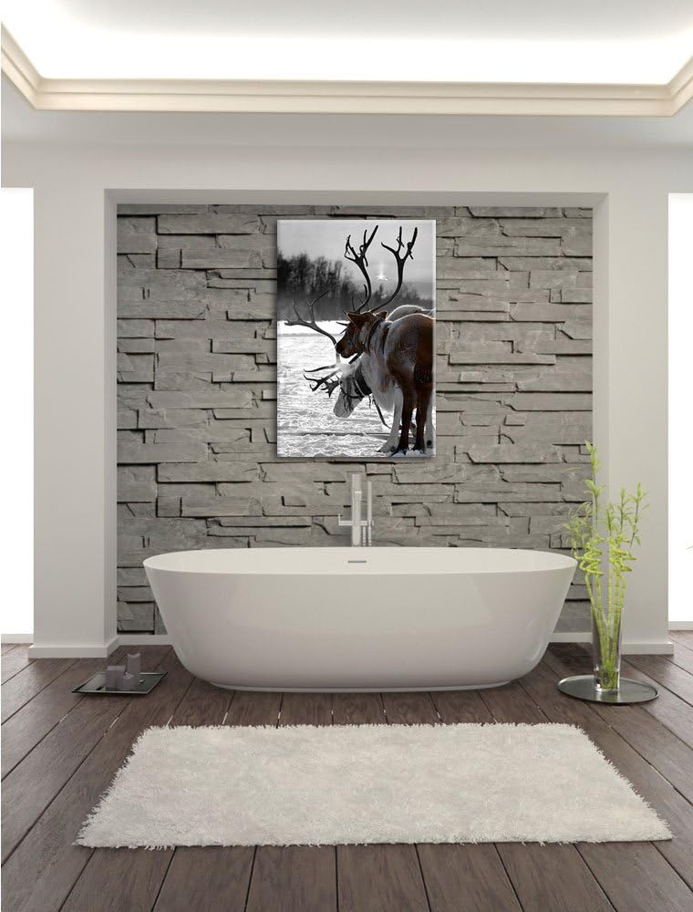 Rentiere im Schnee schwarz/weiss Format: 100x70 auf Leinwand, XXL riesige Bilder fertig gerahmt mit