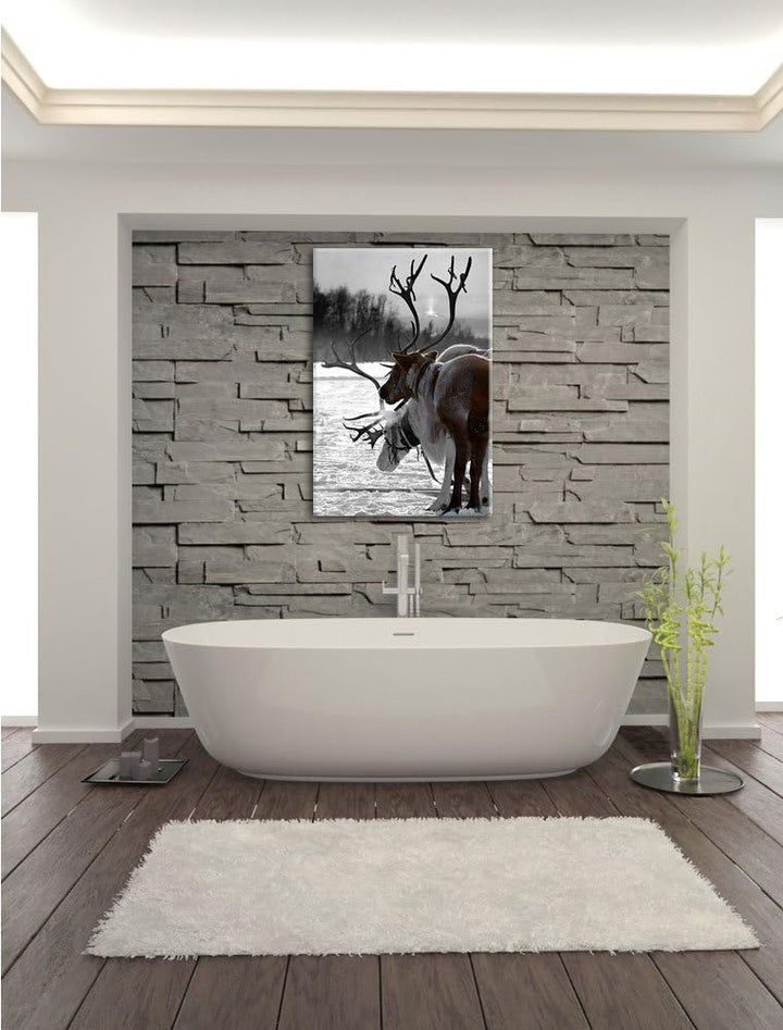 Rentiere im Schnee schwarz/weiss Format: 100x70 auf Leinwand, XXL riesige Bilder fertig gerahmt mit