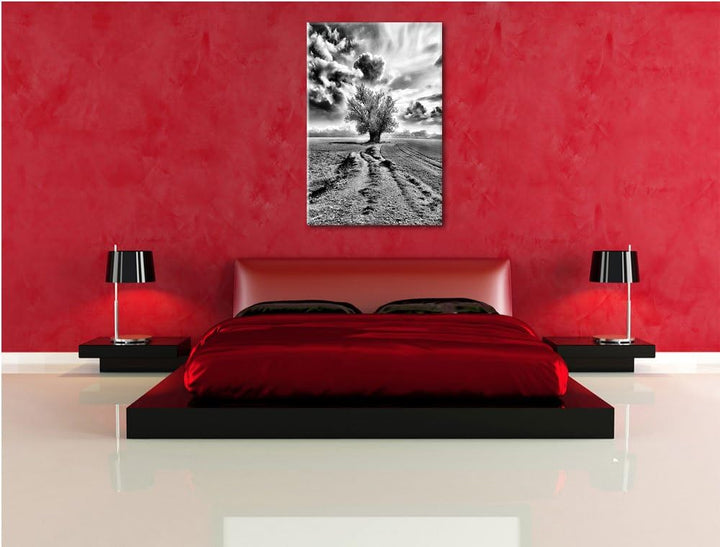 Pixxprint Pinkes Feld mit pinkem Baum als Leinwandbild | Grösse: 100x70 | Wandbild| Kunstdruck | fer