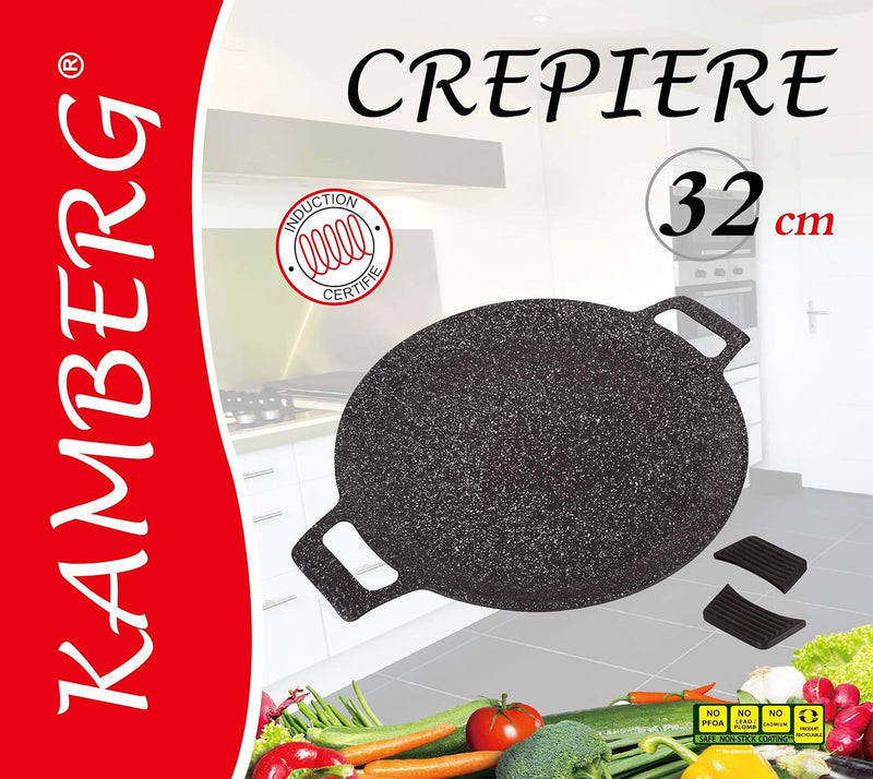 Kamberg 0008106 – Brotbackplatte/Crêpeplatte 32 cm – Aluminiumguss – Beschichtung in Steinoptik – Fü