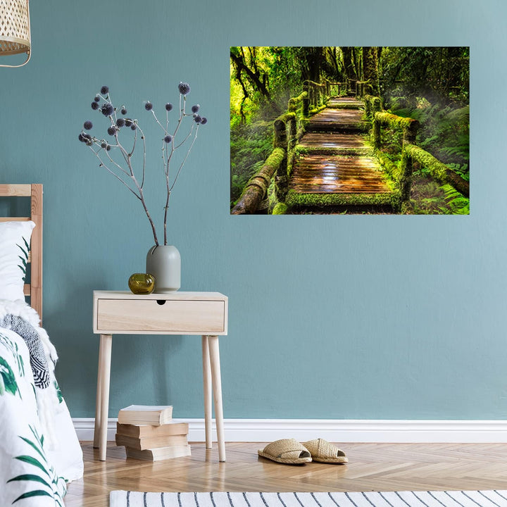 Feeby Vlies Leinwandbild Holzbrücke Treppe Dschungel 90x60 cm Druckbild Wandbild Wanddekoration Deko