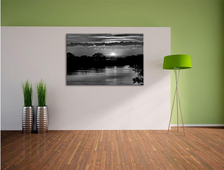 Pixxprint Monocrome, romantischer Sonnenuntergang über Fluss, Format: 100x70 auf Leinwand, XXL riesi