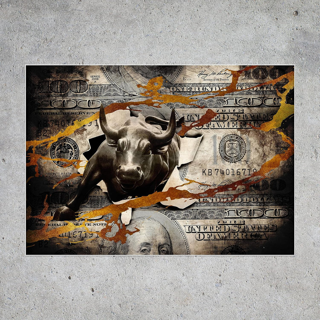 wandmotiv24 Poster als Wanddeko, Grösse Din A0, Stier stürmt durch Geldschein, Dollar, Geld, Tier, M