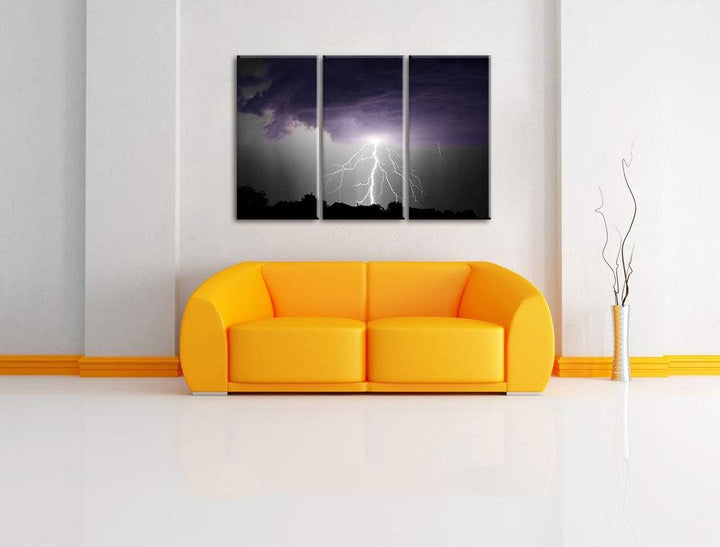 Pixxprint Gewitter über Häusern als Leinwandbild | Grösse: 3 Teilig (120x80) | Wandbild| Kunstdruck