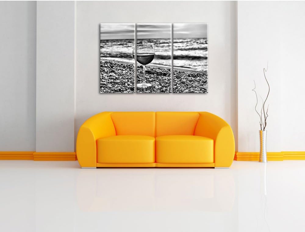 Pixxprint Monocrome, Weinglas am Steinstrand 3-Teiler Leinwandbild 120x80 Bild auf Leinwand