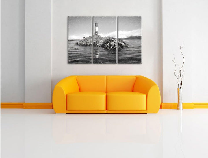 Pixxprint Leuchtturm mit Robben als Leinwandbild/Grösse: 3 Teilig (120x80) cm/Wandbild/Kunstdruck/fe