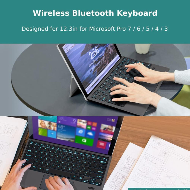 ASHATA Bluetooth Tastatur, Surface Tastatur mit Trackpad Wireless Keyboard 7-Farbige Led-Hintergrund