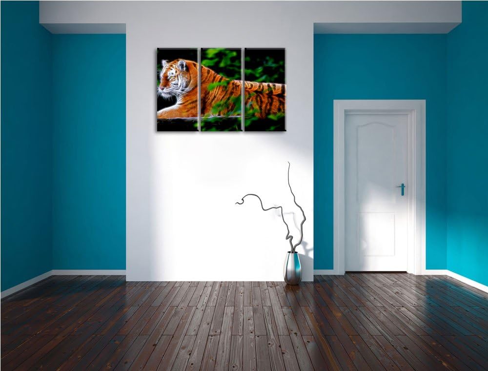 Dark anmutiger Tiger auf Baumstamm NewArt 3-Teiler Leinwandbild 120x80 Bild auf Leinwand, XXL riesig