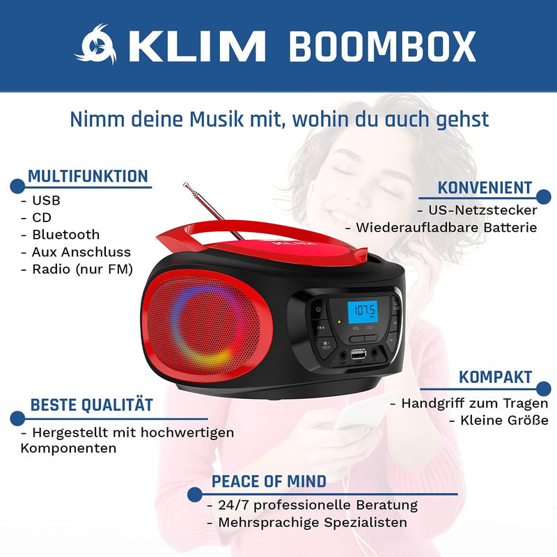 KLIM Boombox Radio mit CD Player - NEU 2023 - FM-Radio, CD Player, Bluetooth, MP3, USB, AUX - Inklus