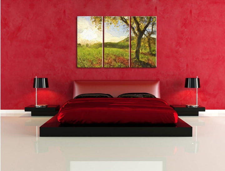 Pixxprint Landschaft im Herbst Kunst Pinsel Effekt 3-Teiler Leinwandbild 120x80 Bild auf Leinwand