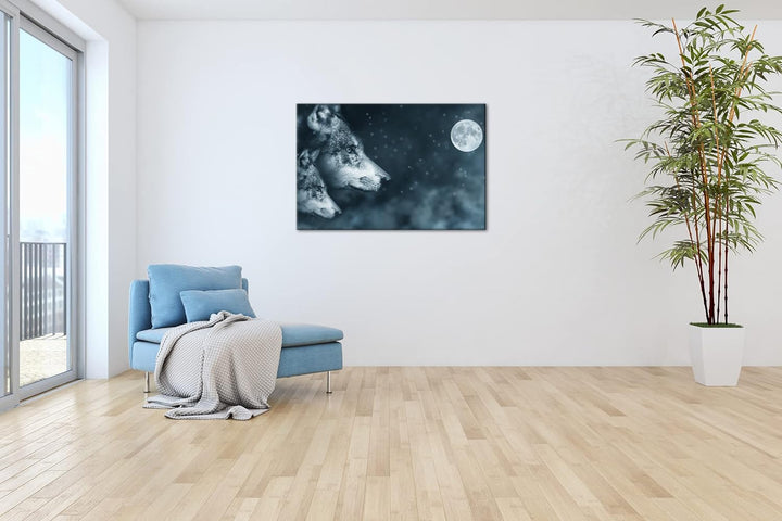 deyoli Wolf-Vollmond-Illustration Format: 100x70 als Leinwand, Motiv fertig gerahmt auf Echtholzrahm