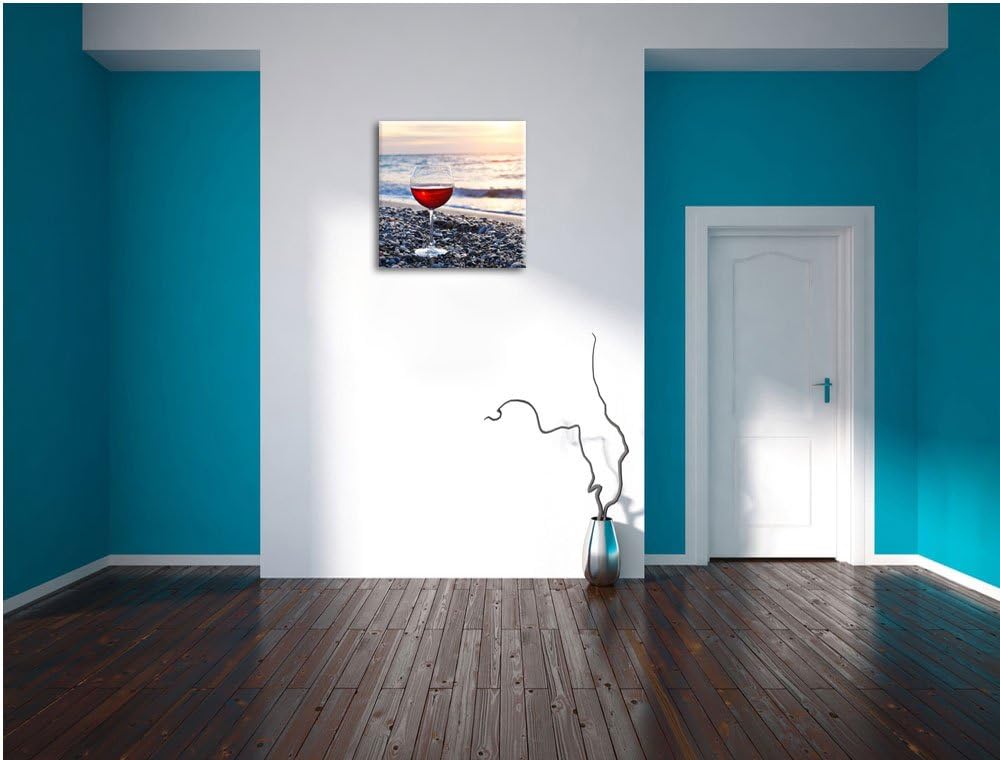 Weinglas am Steinstrand, Format: 70x70 auf Leinwand, XXL riesige Bilder fertig gerahmt mit Keilrahme