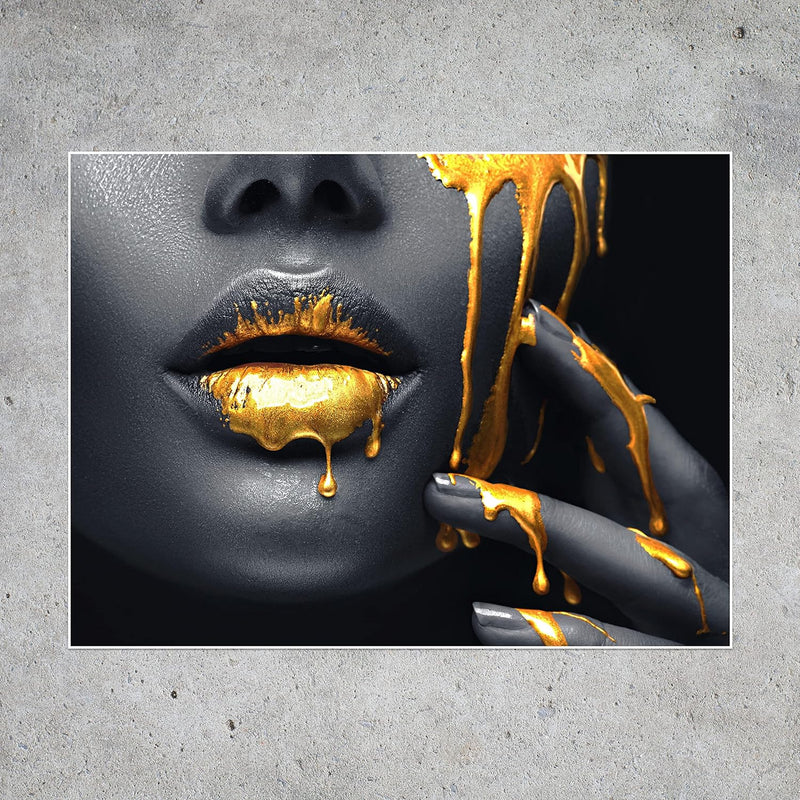 wandmotiv24 Poster als Wanddeko, Grösse 80x60cm, Frauen Lippen mit Goldener Farbe, Beauty, Frau, Mak