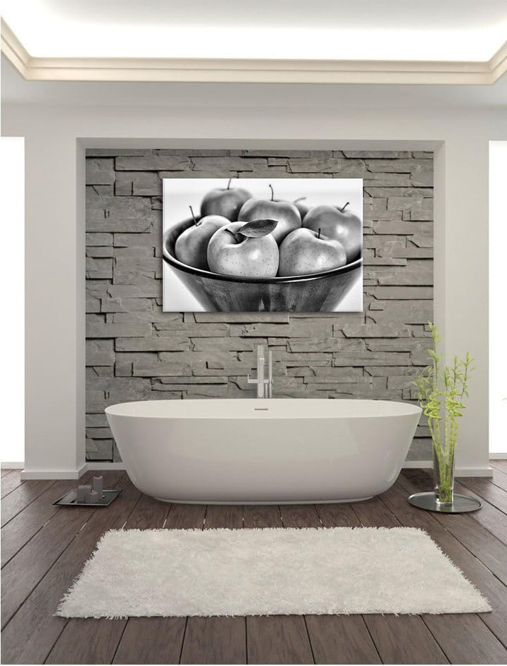 Pixxprint Monocrome, Apple Apfel Korb mit grünen Äpfeln, Format: 100x70 auf Leinwand, 100x70