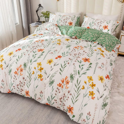 Bettwäsche 155x220 Baumwolle Weiss Grün Bunt Blumen Bettwäsche-sets 3teilig Floral Wendebettwäsche B