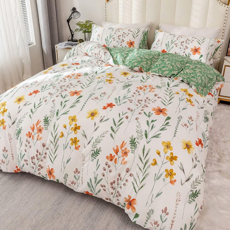 Bettwäsche 155x220 Baumwolle Weiss Grün Bunt Blumen Bettwäsche-sets 3teilig Floral Wendebettwäsche B