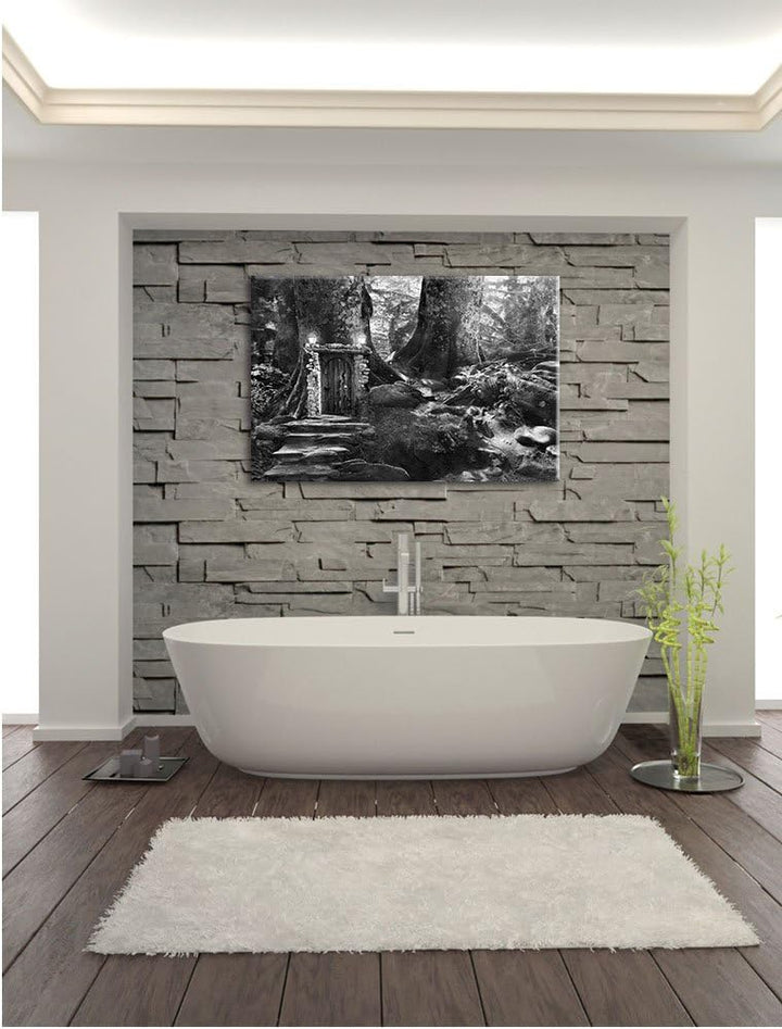 Pixxprint Geheimes Tor im Wald / 100x70cm Leinwandbild bespannt auf Holzrahmen/Wandbild Kunstdruck D