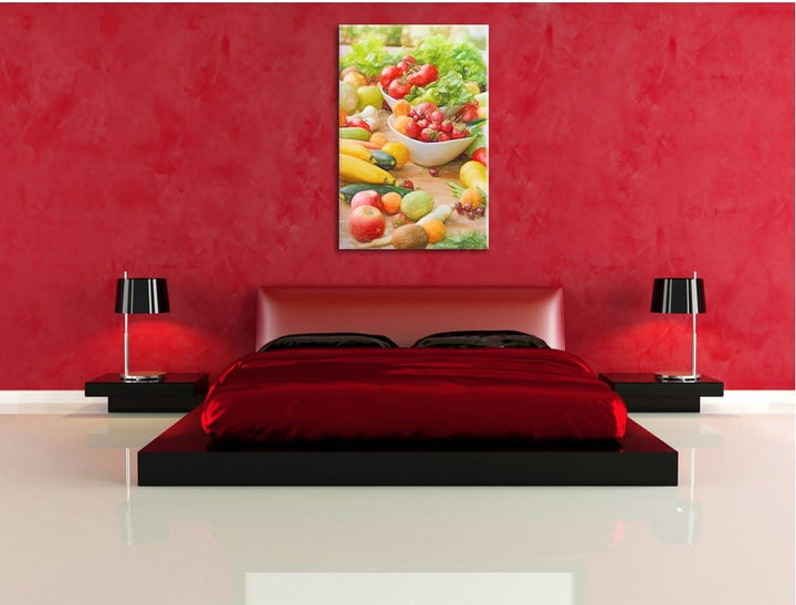Pixxprint Buntes Obst und Gemüse / 100x70cm Leinwandbild bespannt auf Holzrahmen/Wandbild Kunstdruck