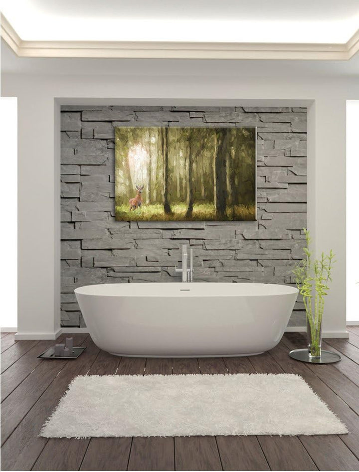 Pixxprint Einsamer Hirsch im tiefen Wald Kunst Pinsel Effekt, Format: 100x70 auf Leinwand, 100x70