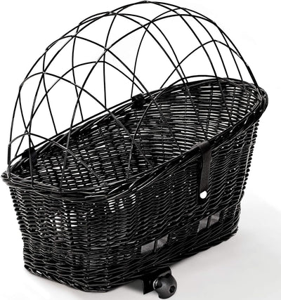 Tigana - Hundefahrradkorb für Gepäckträger aus Weide 56 x 36 cm Schwarz mit Metallgitter Tierkorb Hi