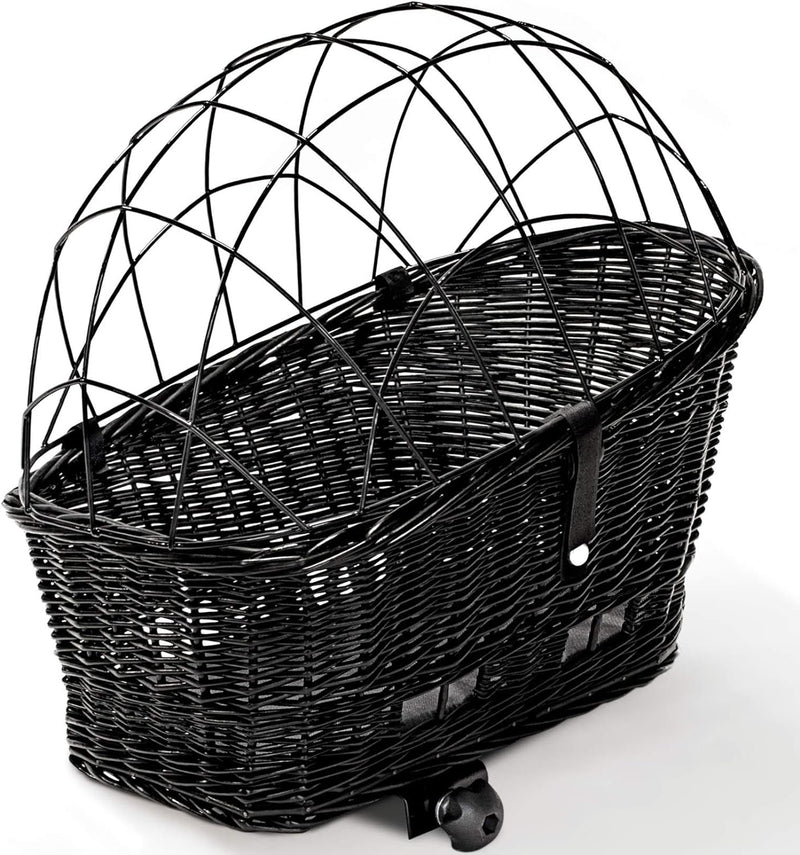 Tigana - Hundefahrradkorb für Gepäckträger aus Weide 56 x 36 cm Schwarz mit Metallgitter Tierkorb Hi
