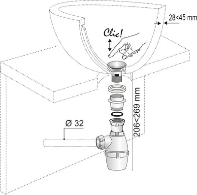 Wirquin Quick-Clac SP50099 Ablaufgarnitur/Siphon mit/mit Stopper/Chrom Einzigartig, Einzigartig